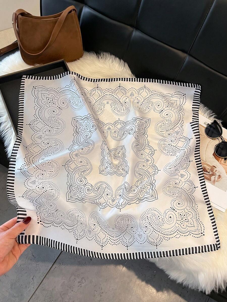 1pc Faux Silk Minimalist Paisley Print 70cm Square Scarf Women's New Bandana Versatile Ribbon Waist Belt Bag Decor Headscarf Hair Accessory Fashion Silk Scarf - White - View 1