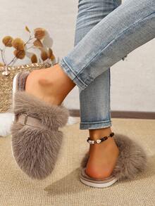 Fashionable Versatile Long Fur Faux Thermal Lined Warm Slippers With Buckle Closed Toe Non-Slip Sole For Indoor And Outdoor Wear - Khaki - View 5