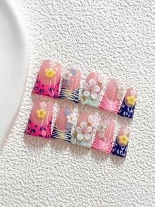 10件夏季花卉手工穿戴甲，Polygel美甲套組，花卉圖案配金珠，粉色、綠色與藍色指甲油，多巴胺風格，含美甲工具，3種尺寸可選，杏仁形、鴨嘴形、棺材形，適合派對、跳舞、日常配戴 - 彩色 - 查看 2