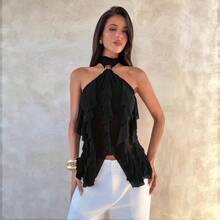 Women's Purple Chiffon Halter Top, With Metal Clasp And Multiple Ruffles, Sheer Backless Blouse For Parties And Date Nights - Black - View 1