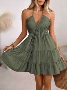 Women's Halter V-Neck Mini Dress, Ruched And Layered, Sleeveless, Ideal For Beach Vacations, Casual Daily Wear And Outdoor Picnic Outfits. - 橄欖綠 - 查看 5