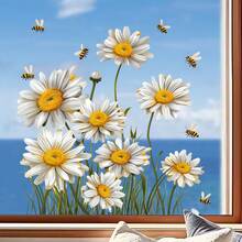1pc Fresh Daisy & Bee Static Window Cling, Glue-Free Translucent Glass Door & Window Decorative Floral Static Sticker - Multicolor - View 5
