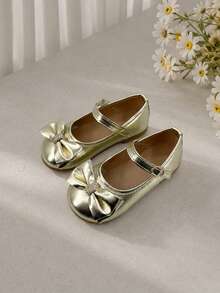Girls Mary Jane Shoes Buckle Strap Bow Decor Easy Wear Flats - Gold - View 9