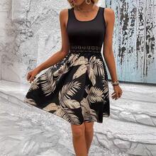 Vestido sin mangas con estampado tropical y ribete de encaje, ropa de mujer transfronteriza - Gris - Ver 2