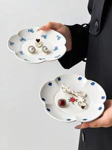 1 pieza/4 piezas Platos de cerámica con estampado floral multicolor, platos de 6 pulgadas con borde floral pintado a mano estilo Ins, plato para joyas, plato para postres, plato para aperitivos, plato para pasteles, bandeja, plato multiusos, regalo para amigos - Multicolor - Ver 5