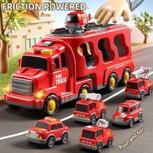 7-In-1 Toy Truck Set For Boys, Kids' Cars With Lights And Sounds, Fire Trucks With Inertia Transport Trucks, 5 Mini Cars And 1 Airplane, Gift Toys For Children 3-10 Years Old - 紅色的 - 查看 7