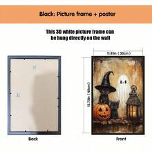 1pc Canvas Wall Art With Frame, Vintage Halloween Theme, Black Cat, Witch Hat, Cute Ghost, Pumpkin Lantern, Glowing Lantern Pattern, Country Style Oil Painting, Pastoral Dark Academia Aesthetic, Suitable For Modern Home Decor, Room Decoration - Black Cat Ghost - View 19