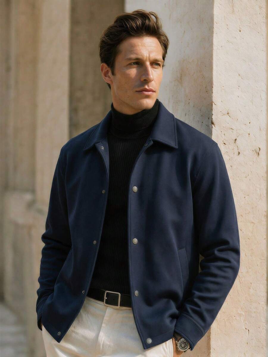Men's Solid Color Turndown Collar Full Zip Jacket, Thick Outerwear, Streetwear, Versatile For Multiple Occasions - Navy Blue - View 1