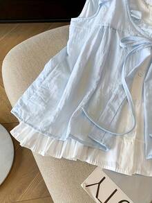 Elegante conjunto de dos piezas de imitación de camisa, vestido babydoll plisado, juvenil y holgado para mujer. - Azul - Ver 6