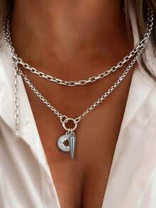 2PCS Gold Lobster Clasp Buckle With Round Pendant Necklace Set ,Luxury White Diamond Pendant Chain Set,Stainless Steel,For Ladies' Daily Work Decor - Multicolor - View 9