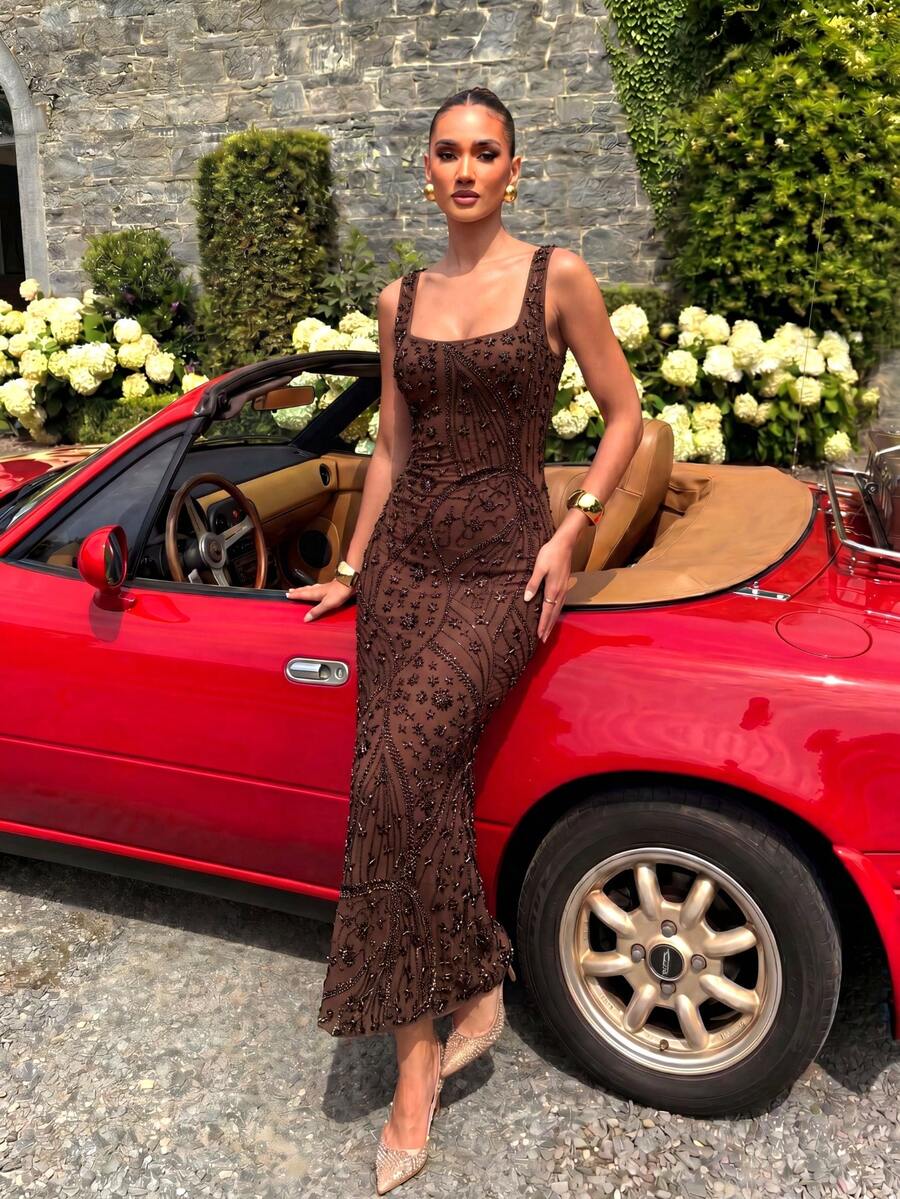 UNITHORSE Women's Square Neck Backless Cinched Waist Floral Beaded Elegant Evening Dress - Coffee Brown - View 1