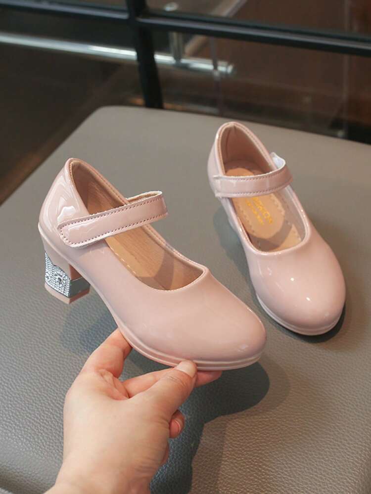 Shiny Mary Jane Shoes With Crystal Square Heels And Round Toes, Suitable For Wedding And Party Princess Dress Girl's Shoes - Pink - View 5
