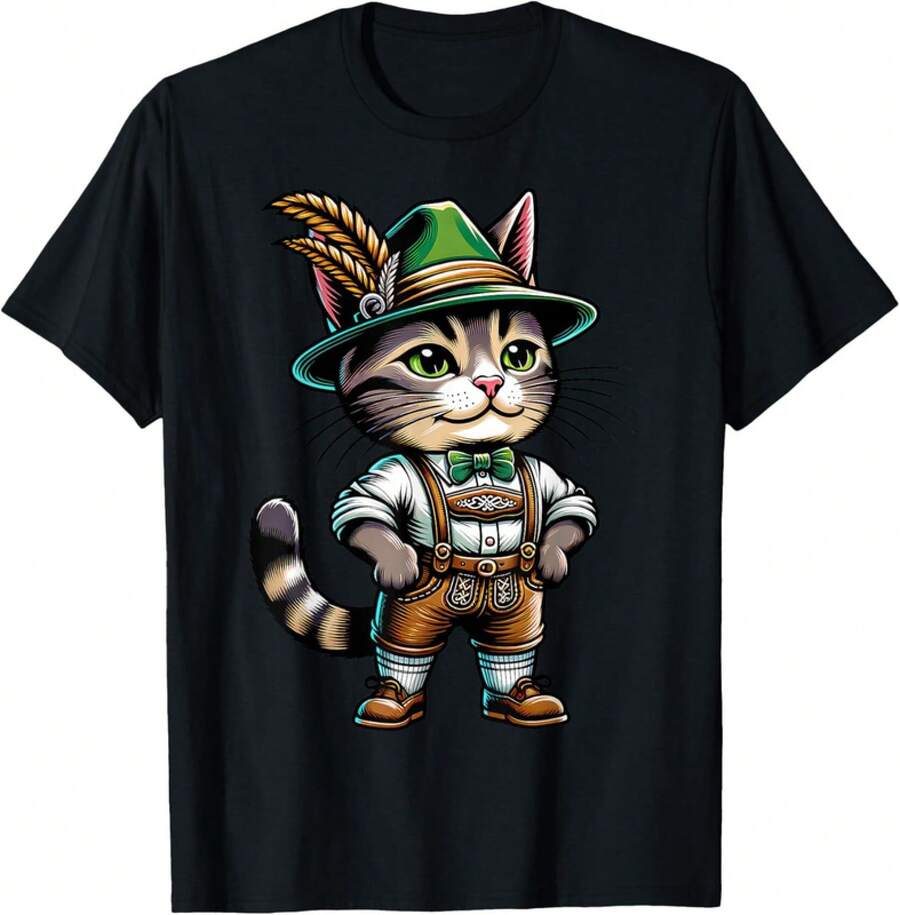 Oktoberfest Cat Funny German Bavarian Lederhosen Cat Lover TShirt - 黑色 - 查看 1
