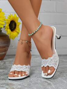New Fashion White Open Toe Mesh Summer Kitten Heel Square Toe Sandals, Minimalist Versatile Women's Dress Sandals, Square Toe Elegant High Heel Slippers Sandals, Women's High Heels, Women's White High Heels - White - View 5