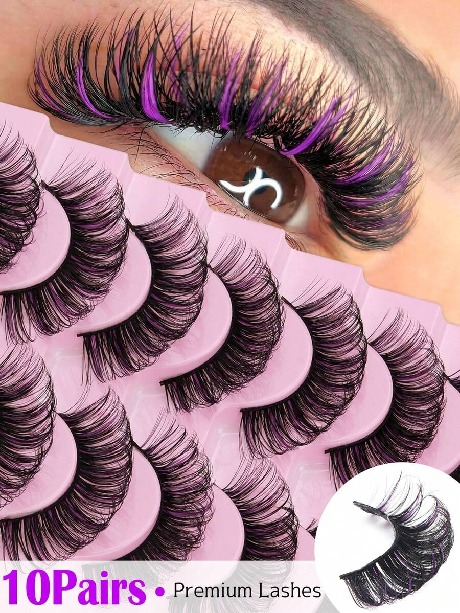 10 Pairs Natural Style D-Curl Russian False Eyelashes, Black & Purple Color Matching False Eyelashes, Cat Eye Style Exquisite False Eyelash Strips, Lifting Eye Effect, Natural Look False Eyelashes - Natural Lashes - View 1