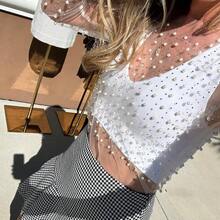 Women's Sheer, Sparkling Pearl And Rhinestone Embellished Top, Round Neck, Long Sleeves, Sheer Mesh Blouse, Suitable For Wedding Guests. - 裸體 - 查看 2