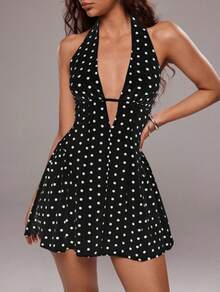 Women's Short Dress With Deep V-Neck And Open Back, Polka Dot Print, Vacation Style, For Summer - Black - View 4