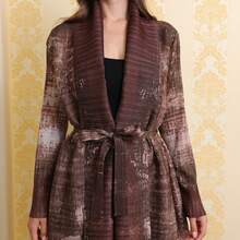 Middle Eastern Brown Printed Pleated Robe, Dubai-Style Elegant Plus-Size Coat, Arabian Women's Cardigan, Kafta (Exclusive Style). Z502 Vacation Fall - Brown - View 11