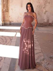 Women's Strapless Backless Rhinestone Evening Gown, Sparkling Trim Decoration Wedding Party Fall - Dusty Pink - View 3