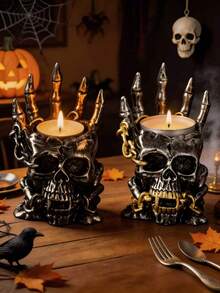 1pc Gothic Skeleton Candle Holder, Bone Hand Flame Illusion, Chain And Horn Details, Spooky Home Decor, Halloween Party Tabletop Centerpiece, Punk Rock Style Ornament - A - View 5