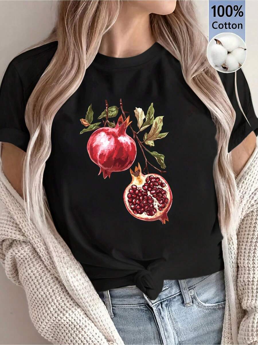 2026 Women's Blouses [New Summer Arrival] Women's Delicious Pomegranate Print T-Shirt, Casual & Holiday Wear, Short Sleeve, Round Neck, Spring/Summer Clothing - 黑色 - 查看 1