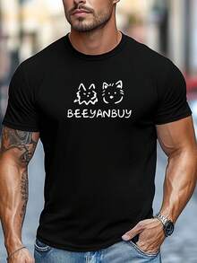 Men's T-Shirt, Simple And Elegant, Relaxed And Informal, With Cat And Dog Drawings And English Lettering, Soft Round Neck Summer T-Shirt. - 黑色 - 查看 1