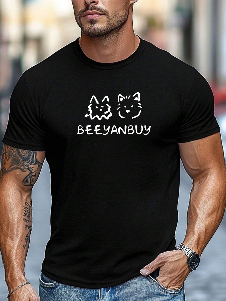 Men's T-Shirt, Simple And Elegant, Relaxed And Informal, With Cat And Dog Drawings And English Lettering, Soft Round Neck Summer T-Shirt. - 黑色 - 查看 1