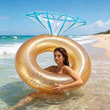 1pc White Diamond Thickened PVC Swim Ring, Bachelorette Party Ins Style Floating Mat, Beach Vacation Wedding Pool Decor - Blue and Gold Diamond Swim Ring - View 1