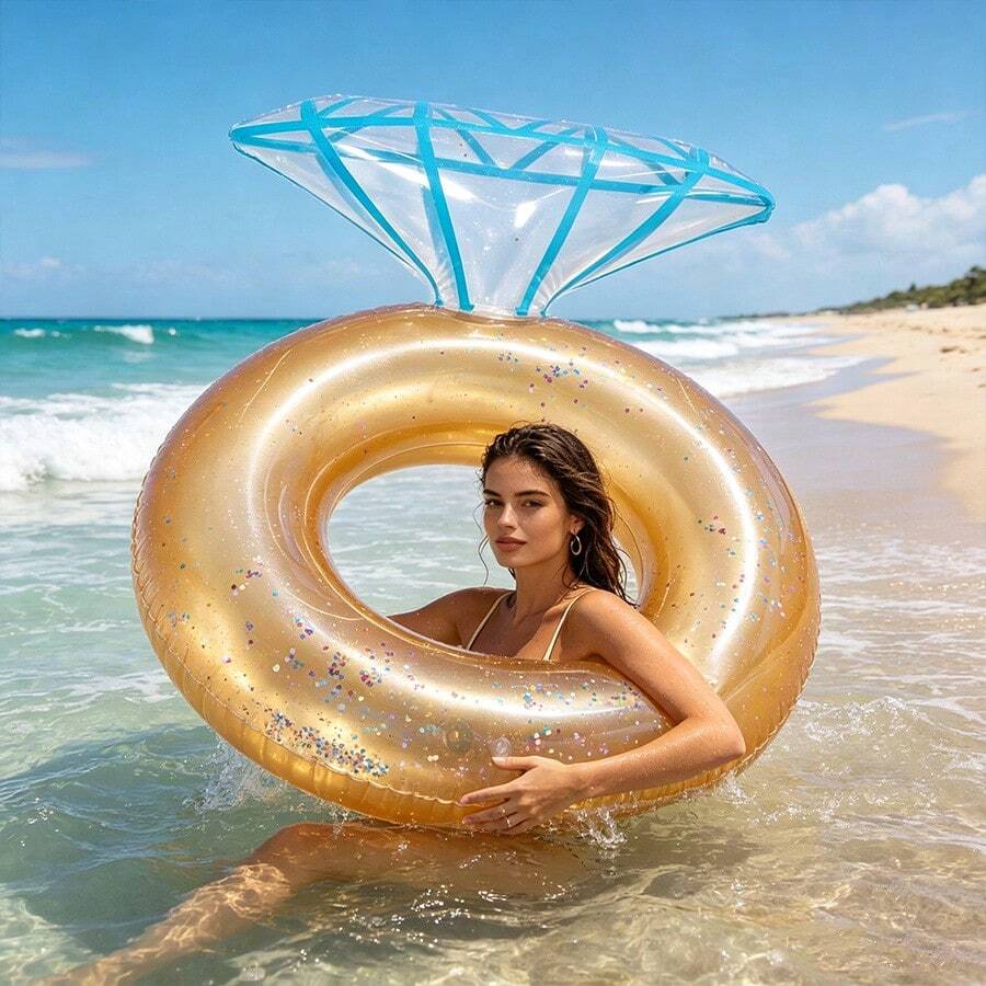 1pc White Diamond Thickened PVC Swim Ring, Bachelorette Party Ins Style Floating Mat, Beach Vacation Wedding Pool Decor - Blue and Gold Diamond Swim Ring - View 1