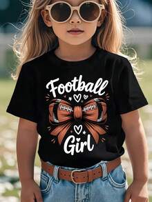 Girls' Short-Sleeved T-Shirt, Summer Style, With "Football Girl" Inscription, Rugby , Bow Print, Versatile Casual Top NY-DX9381 - Hitam - View 1