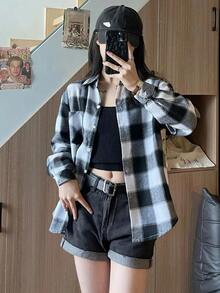 Home Vacation Casual Plaid Shirt Female Students Korean Version Loose Collar Long Sleeve Shirt Thin Jacket Blouse Female Jacket - 白色 - 查看 9