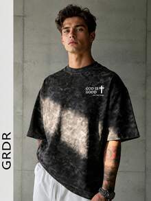 GRDR T-shirt à col rond style américain rétro minimaliste avec lettrage religieux, lavé. Confortable et respirant pour le port estival - Noir - Voir 1