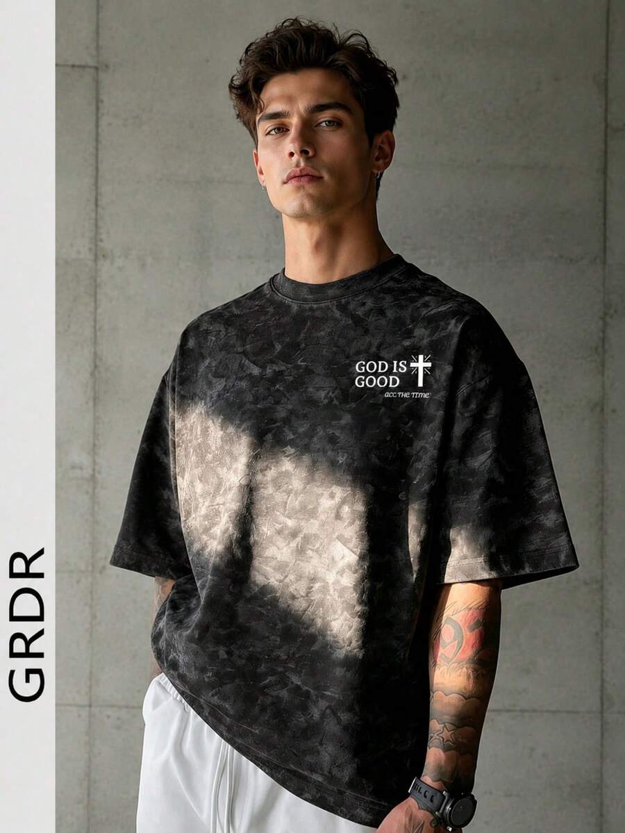 GRDR T-shirt à col rond style américain rétro minimaliste avec lettrage religieux, lavé. Confortable et respirant pour le port estival - Noir - Voir 1