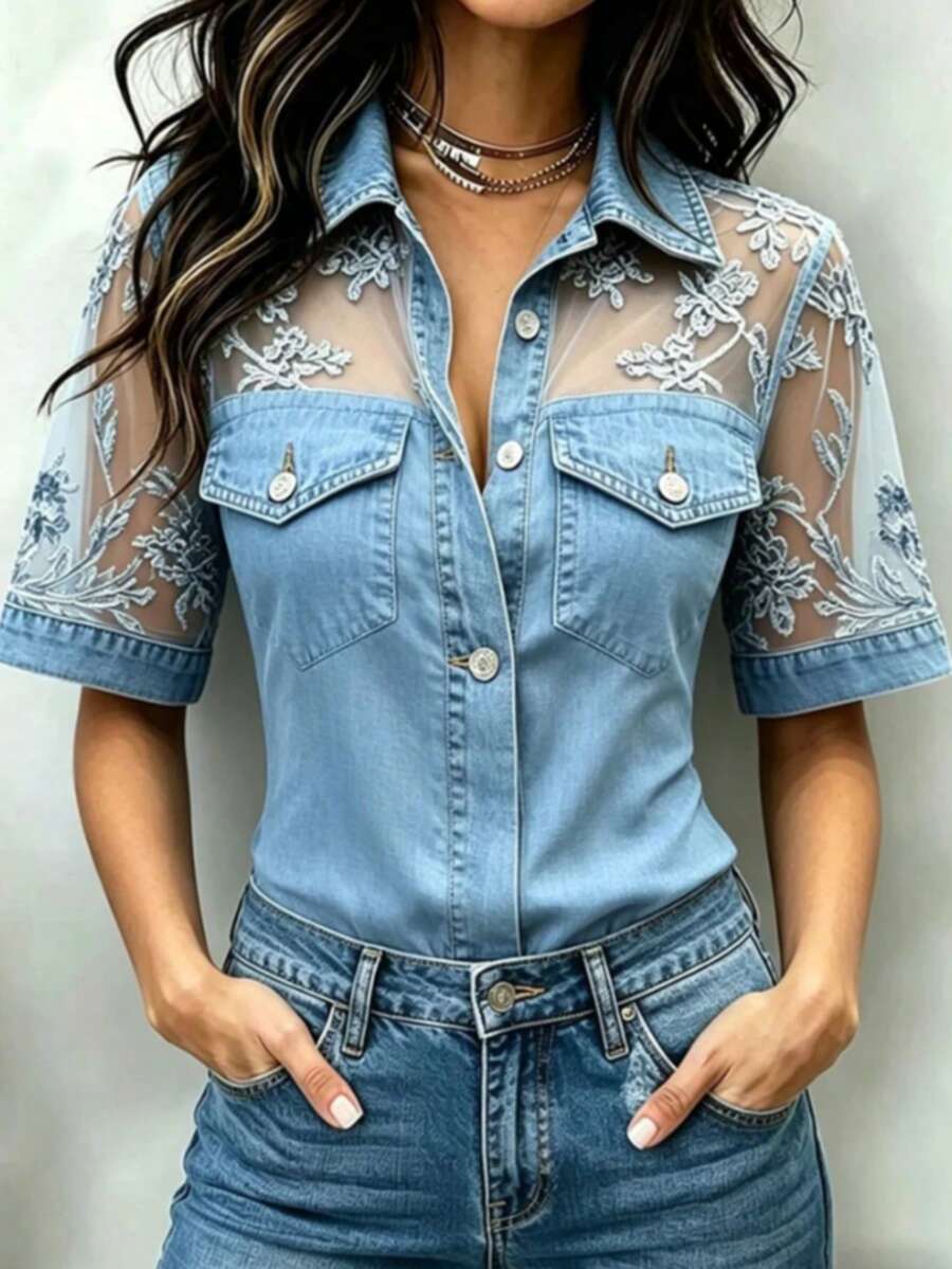 Women's Denim Fabric & Mesh Patchwork Shirt, Long Sheer Puff Sleeves, Button-Down With Fake Chest Pockets, Slim Fit Casual Top For Everyday Wear - 淺藍色 - 查看 1