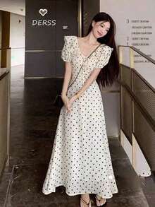 Women Long Dresses - White Polka Dots - View 1