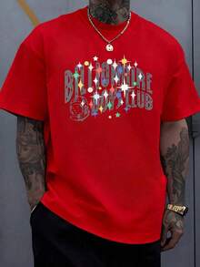 Summer 2026 Men's Plus Size Graphic Summer T-Shirt With Colorful Astronaut And Star Pattern Symbolizing Adventure And Cosmic Dreams, With Retro Lettering. Classic Manga Tops - 紅色 - 查看 1