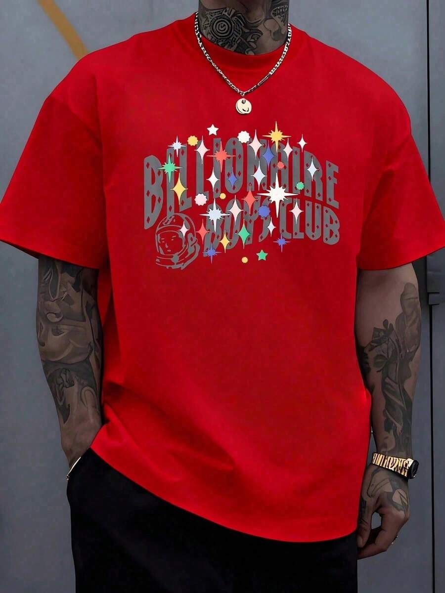 Summer 2026 Men's Plus Size Graphic Summer T-Shirt With Colorful Astronaut And Star Pattern Symbolizing Adventure And Cosmic Dreams, With Retro Lettering. Classic Manga Tops - 紅色 - 查看 1
