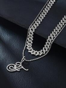 1pc Elegant Shiny Cursive Letter Pendant Necklace, Designed For Men, Combines Fashion And Luxury, Suitable For Parties, Banquets, Holiday Celebrations, Christmas And Other Occasions, Also Can Be Worn As Daily Wear Gift Jewelry, Versatile And Tasteful - Double-layered Hip-hop Letter Necklace - View 52