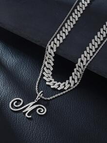 1pc Elegant Shiny Cursive Letter Pendant Necklace, Designed For Men, Combines Fashion And Luxury, Suitable For Parties, Banquets, Holiday Celebrations, Christmas And Other Occasions, Also Can Be Worn As Daily Wear Gift Jewelry, Versatile And Tasteful - Double-layered Hip-hop Letter Necklace - View 13