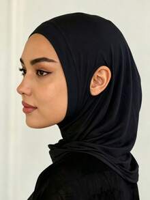 1pc Women's Solid Color Elastic Beanie Hat With Ear Holes, Convenient For Head Wrapping - Black - Ear Piercing - View 4