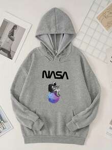 Hombres Capucha con estampado de letra & astronauta con bolsillo de canguro con cordón - Albaricoque - Ver 1