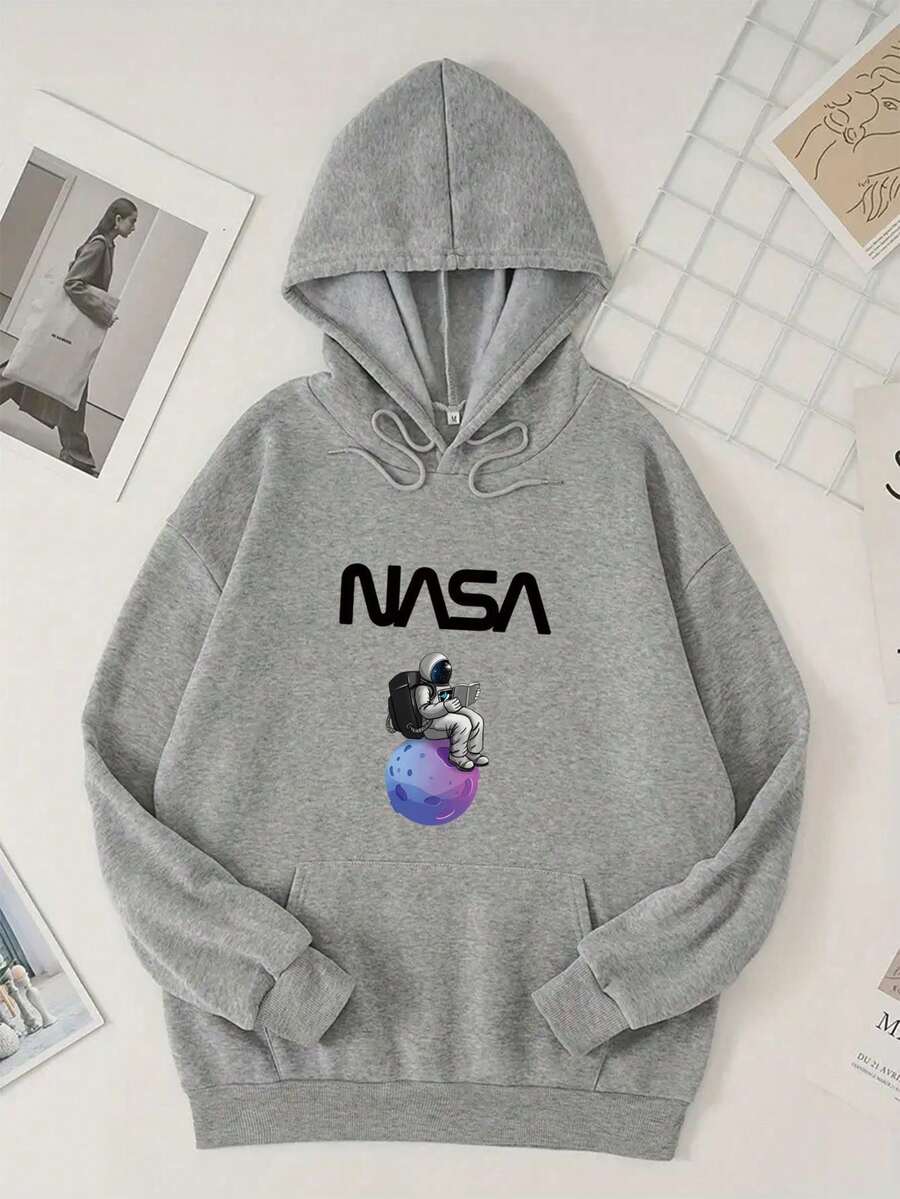 Hombres Capucha con estampado de letra & astronauta con bolsillo de canguro con cordón - Albaricoque - Ver 1