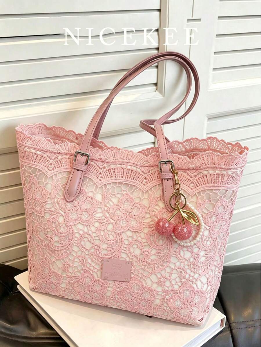 Literarische Tragetasche mit Spitzen-Nischendesign und Schleife, modische und einfache lässige Handtasche, geeignet für Urlaub, Strand, Pendeln, tägliche Kombination, Fotos und Geschenke - Pink - Übersicht 1