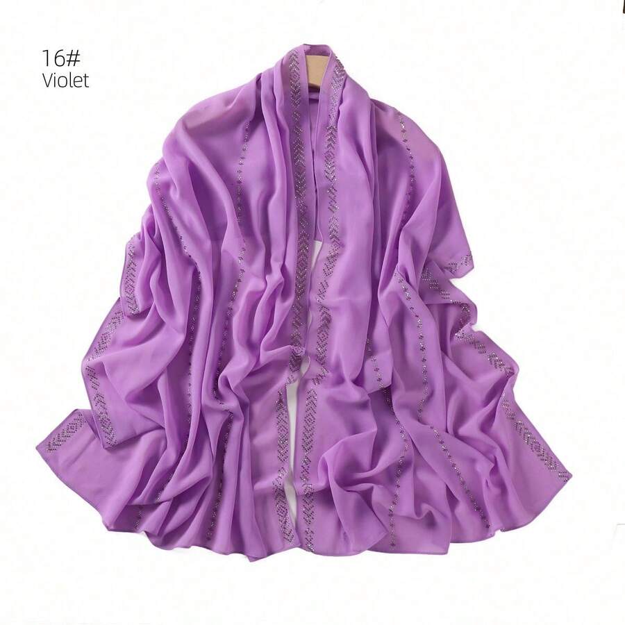 1 Piece Solid Color Rhinestone Chiffon Hijab, Elegant Faux Rhinestone Scarf, Sunscreen Shawl For Women, Ideal For Dresses. - 紫紅色 - 查看 1