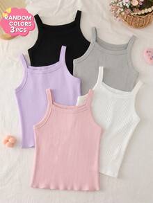 Random Color 3pcs/Set Teen Girls Casual Solid Basic Camisole Tank Top, Soft Comfortable Youthful Sports Top For School Students - Multicolor - View 1