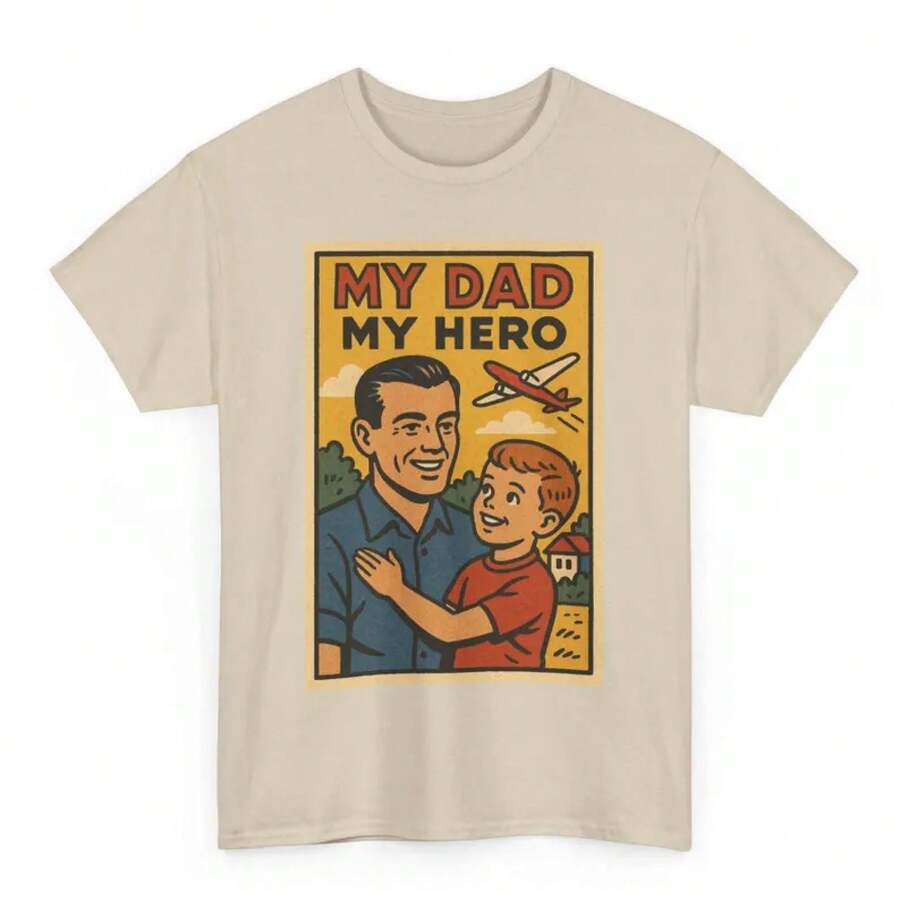 My Dad My Hero T-Shirt: Retro Comic Book Superdad Tribute - Unisex Women & Men's Daily Wear - Cute White Summer T-Shirt, Casual Wear, Comfortable T-Shirts - 杏色 - 查看 1