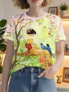 Women's One-Piece Summer T-Shirt, Round Neck And Short Sleeves, With Floral And Bird Print In Japanese, Korean And Chinese Style, Retro, Elegant And Casual, With Delicate Colors - 軍綠色 - 查看 1