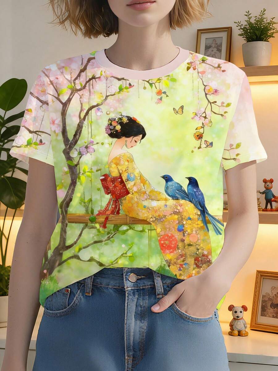 Women's One-Piece Summer T-Shirt, Round Neck And Short Sleeves, With Floral And Bird Print In Japanese, Korean And Chinese Style, Retro, Elegant And Casual, With Delicate Colors - 軍綠色 - 查看 1