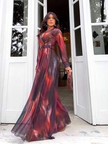Women's Long Sleeve Jumpsuit, Semi-Transparent, Lined, Lightweight, V-Neck, Comfortable, Fresh, Casual, Elegant, Sizes M And L, Printed And Solid - 紅色 - 查看 3