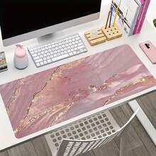 Pink Marble Pattern Gaming Mouse Pad, Gold Extended Desk Mat, Stitched Edge Design, Non-Slip Rubber Base, Suitable For Home Office Decor, Size 35.4x15.7 Inches, Ideal Gift For Men, Women, Friends, And Back To School Season. Gaming Mouse Pad, Desk Accessories, Office Supplies, Desk Accessories, Desk Mouse Pad. - Pink - View 4